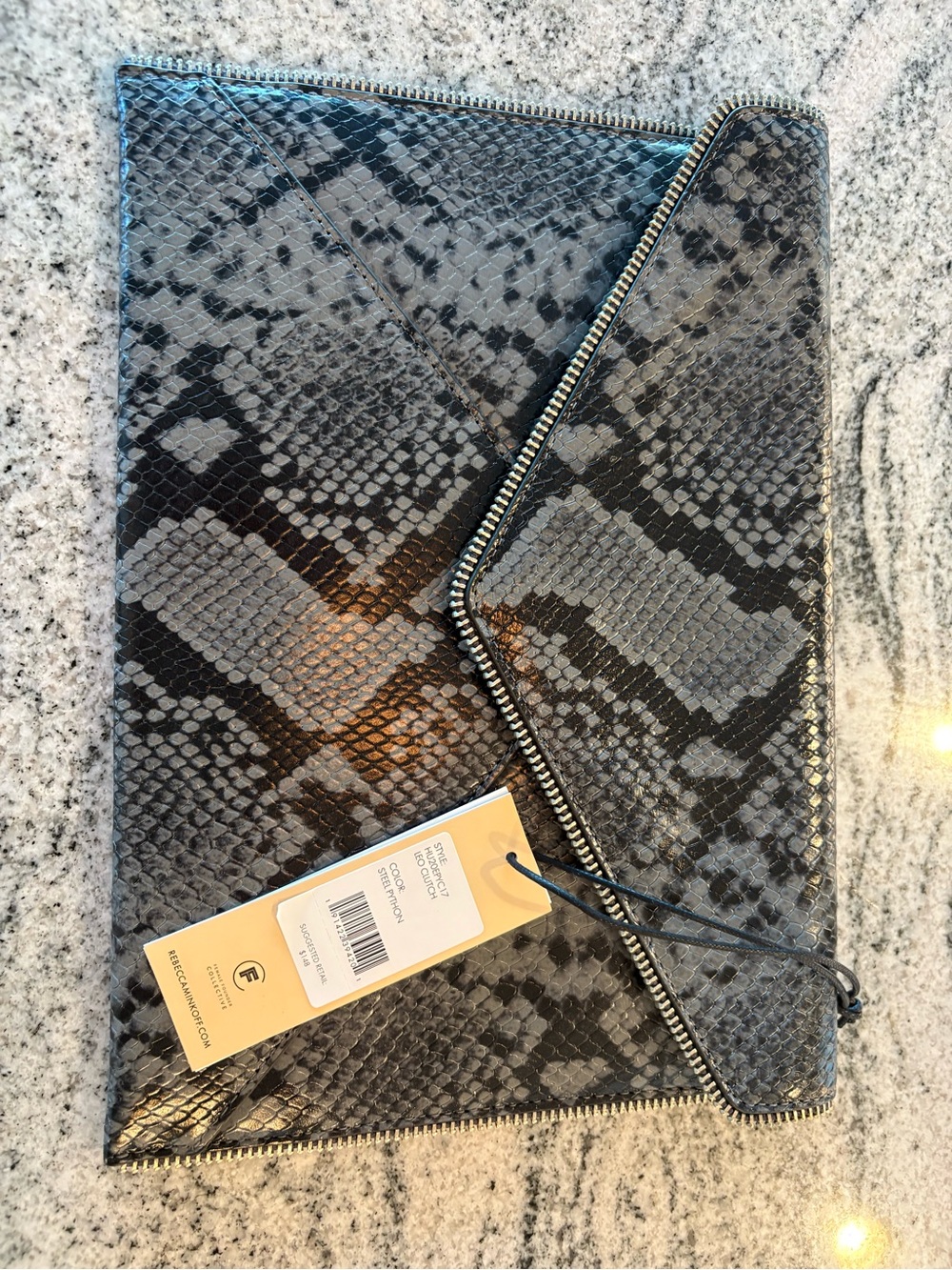 Rebecca Minkoff Black Snake-Print Envelope Clutch